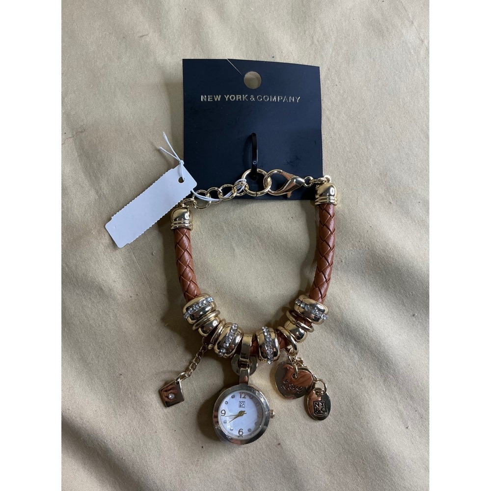 NEW YORK & COMPANY Brown Leather Charm Bracelet Watch Rhinestone Accents